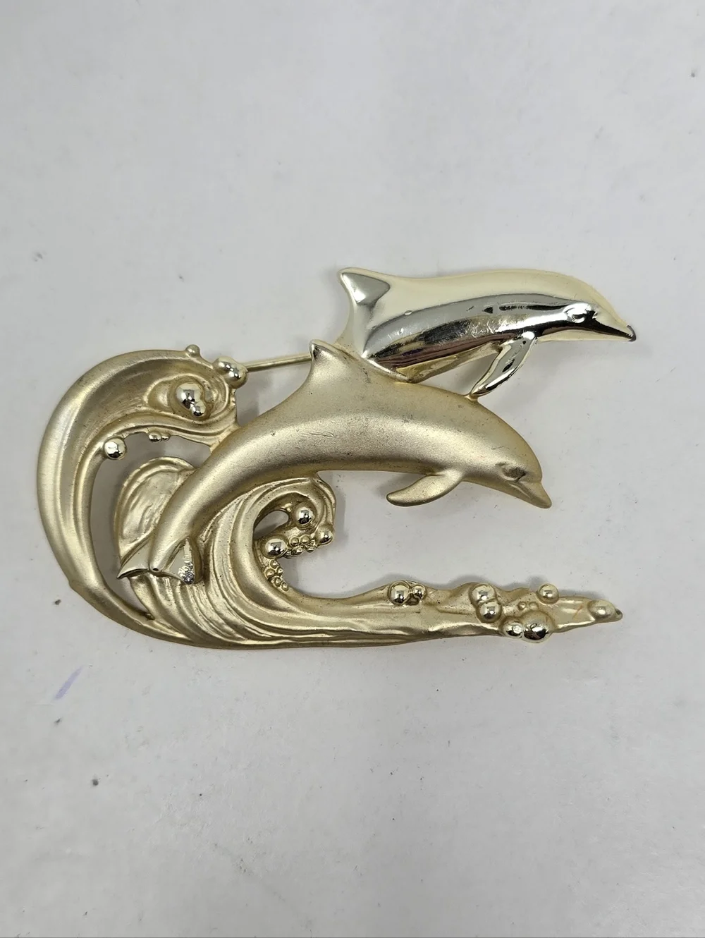 Vtg AJC dolphin brooch gold‎ tone matte shiny ocean waves summer costal animal